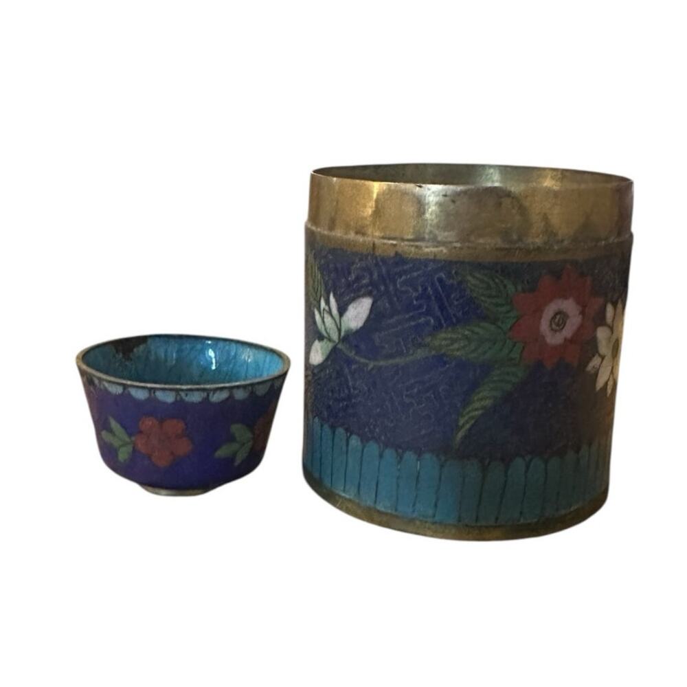 Pair x2 Ancient Chinese Cloisonne Jars Tea Caddy Box Floral Printed Enamel